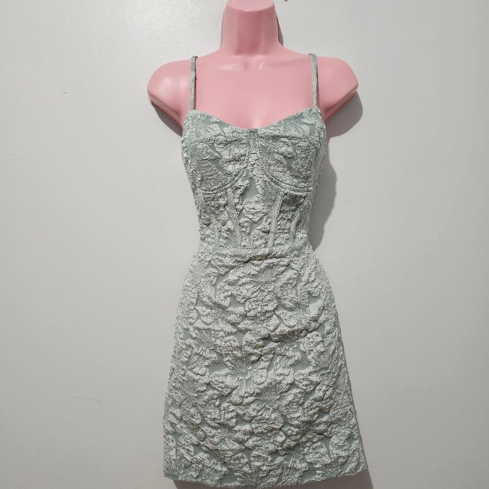 Shein - Dress Embossed Mini Floral Print Bodycon - Size L - Mint
